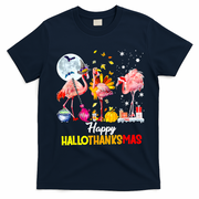Flamingo Happy HalloThanksmas Funny Halloween Thanksgiving T-Shirt - Navy Blue