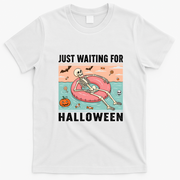 Funny Just Waiting For Halloween Skeleton Swimming Pool Summer T-Shirt - White