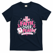 Faith Over Fear Breast Cancer Awareness Cross Bible T-Shirt - Navy Blue