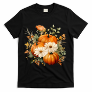 Fall Pumpkin Floral Holiday T-Shirt - Black