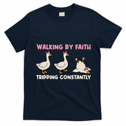 Funny Silly Goose Walking By Faith Tripping Constantly  T-Shirt - Navy Blue
