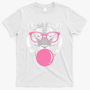Funny Tiger Glasses Blowing Pink Bubble Gum T-Shirt - White