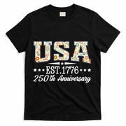 Floral USA 1776 Patriotic 250th Anniversary 250 Years Celebration T-Shirt - Black