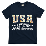 Floral USA 1776 Patriotic 250th Anniversary 250 Years Celebration T-Shirt - Navy