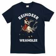 Funny Vintage Christmas Riding A Reindeer Cowboy Cowgirl T-Shirt - Navy Blue