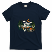 Ghost Canoeing Moonlight Camping Halloween Adventure T-Shirt - Navy Blue