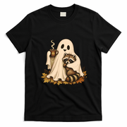 Ghost Hugging Raccoon Coffee Cup Cute Halloween T-Shirt - Black