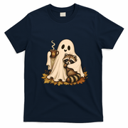 Ghost Hugging Raccoon Coffee Cup Cute Halloween T-Shirt - Navy Blue