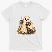 Ghost Hugging Raccoon Coffee Cup Cute Halloween T-Shirt - White