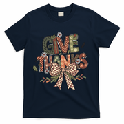 Give Thanks Thankful Coquette Thanksgiving T-Shirt - Navy