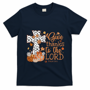 Give Thanks To The Lord Jesus Cross Pumpkin Thanksgiving T-Shirt - Navy Blue
