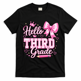 Hello 3rd Grade Girls Teacher Coquette Bow Back To School T-Shirt - Black