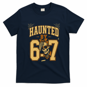 Haunted By 6-7 Skeleton Funny Halloween 67 Meme T-Shirt - Navy Blue