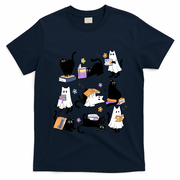 Halloween Bookish Cute Ghost Black Cat Reading Books Spooky Gift T-Shirt - Navy Blue