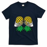 Halloween Boob Upside Down Pineapple Swinger Skeleton Hand T-Shirt - Navy Blue