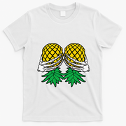 Halloween Boob Upside Down Pineapple Swinger Skeleton Hand T-Shirt - White