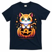 Halloween Cat Funny Fall Pumpkin Cat Lover Cute T-Shirt - Navy Blue