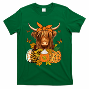 Highland Cow Fall And Leaves Pumpkins Autumn Thanksgiving T-Shirt - Green