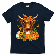 Highland Cow Fall And Leaves Pumpkins Autumn Thanksgiving T-Shirt - Navy