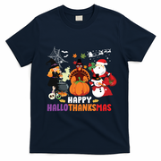 Halloween Christmas Happy Hallothanksmas Thanksgiving T-Shirt - Navy Blue