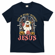 Halloween Christian Life Is Scary Without Jesus Lover Groovy Cute Gift T-Shirt - Navy