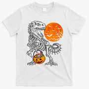 Halloween Dinosaur Skeleton T rex Scary Pumpkin Moon T-Shirt - White