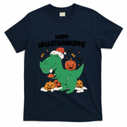 Happy Hallothanksmas Dinosaur Holiday T-Shirt - Navy