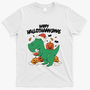 Happy Hallothanksmas Dinosaur Holiday T-Shirt - White