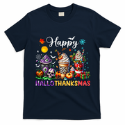 Happy Hallothanksmas Halloween Coffee Latte Thanksgiving T-Shirt - Navy Blue