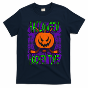 Halloween Hockey Time With Spooky Pumpkin And Hockey Sticks T-Shirt - Navy Blue