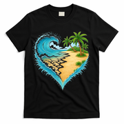 Heart-Shaped Ocean Beach Palm Tree Vacation T-Shirt - Black