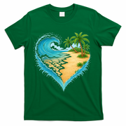 Heart-Shaped Ocean Beach Palm Tree Vacation T-Shirt - Green