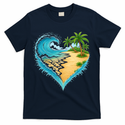 Heart-Shaped Ocean Beach Palm Tree Vacation T-Shirt - Navy