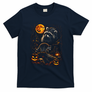Halloween Raccoon And Pumpkins Moonlight Scene T-Shirt - Navy Blue