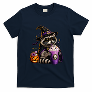 Halloween Raccoon Drinking Coffee Spooky T-Shirt - Navy Blue