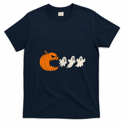 Halloween Retro Gamer Pumpkin Eating Ghost T-Shirt - Navy Blue