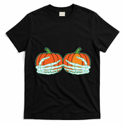 Halloween Skeleton Hand On Pumpkin Boob T-Shirt - Black