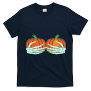 Halloween Skeleton Hand On Pumpkin Boob T-Shirt - Navy Blue