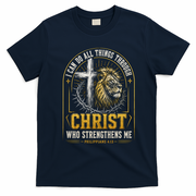 I Can Do All Things Through Christ Lion Cross T-Shirt - Navy Blue