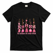 In October We Wear Pink Halloween Witch Brooms Breast Cancer T-Shirt - Black