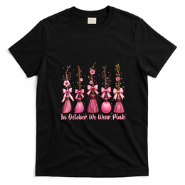 In October We Wear Pink Halloween Witch Brooms Breast Cancer T-Shirt - Black
