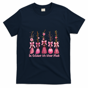 In October We Wear Pink Halloween Witch Brooms Breast Cancer T-Shirt - Navy Blue