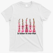 In October We Wear Pink Halloween Witch Brooms Breast Cancer T-Shirt - White