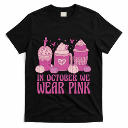 In October We Wear Pink Autumn Pumpkin Coffee T-Shirt - Black