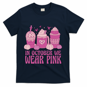 In October We Wear Pink Autumn Pumpkin Coffee T-Shirt - Navy