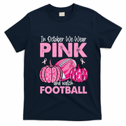 In October We Wear Football Breast Cancer Awareness Gift T-Shirt - Navy Blue