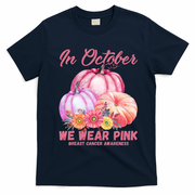 In October We Wear Pink Breast Cancer Awareness Pumpkin Patch T-Shirt - Navy Blue