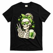 Irish Skeleton Messy Bun St Patrick's Day T-Shirt - Black