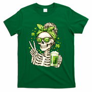Irish Skeleton Messy Bun St Patrick's Day T-Shirt - Green