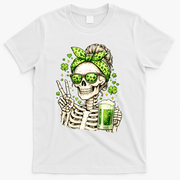 Irish Skeleton Messy Bun St Patrick's Day T-Shirt - White